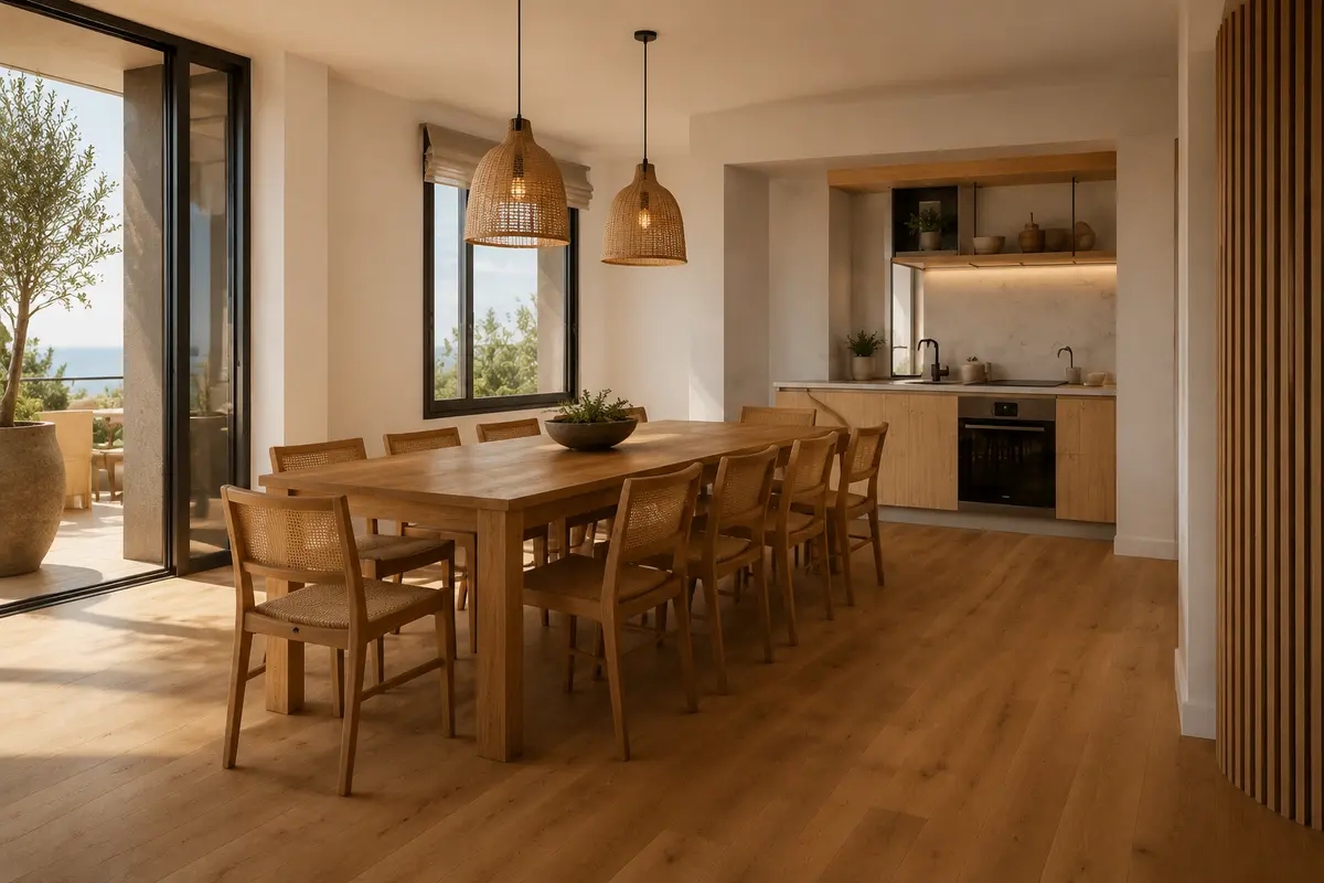Comedor con suelo de madera para una reforma en Huelva
